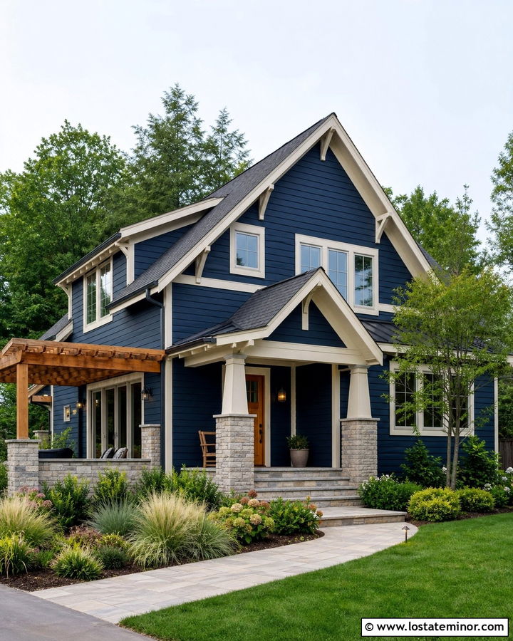 Midnight Blue House With Cedar Pergola - 30 Midnight Blue House Design With Pergola Ideas