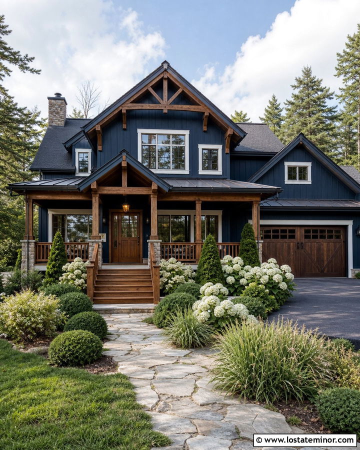 Midnight Blue House With Cedar Porch And Evergreen Landscaping - 30 Midnight Blue House Design With Landscaping Ideas