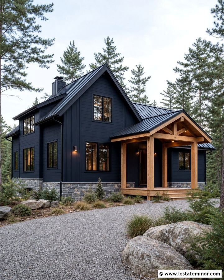 Midnight Blue House With Cedar Porch and Downlights - 30 Midnight Blue House Design With Light Fixtures Ideas