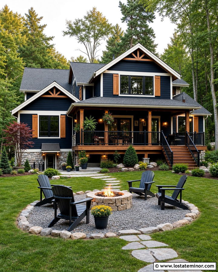 Midnight Blue House With Cedar Shutters And Fire Pit - 30 Midnight Blue House Design With Backyard Ideas