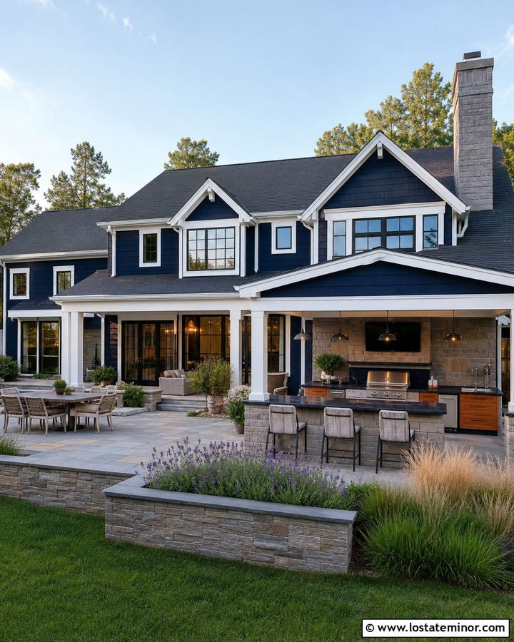 Midnight Blue House With Charcoal Roof And Outdoor Kitchen - 30 Midnight Blue House Design With Backyard Ideas