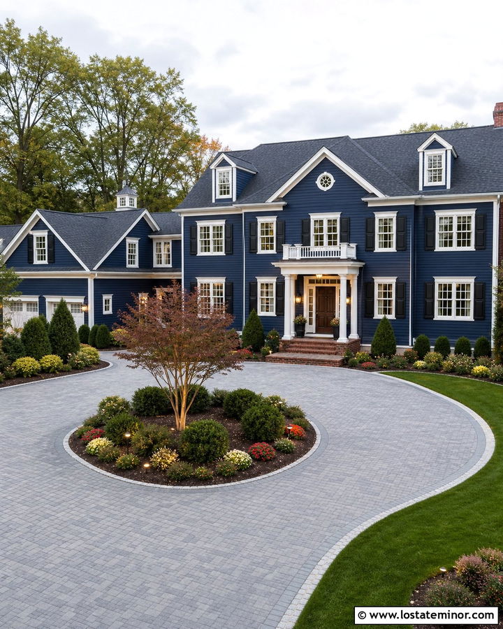 Midnight Blue House With Circular Driveway - 30 Midnight Blue House Design With Driveway Ideas