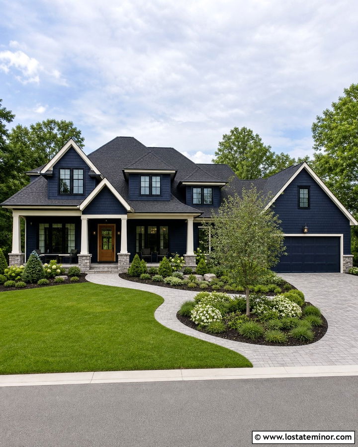 Midnight Blue House With Circular Front Path - 30 Midnight Blue House Design With Front Yard Ideas