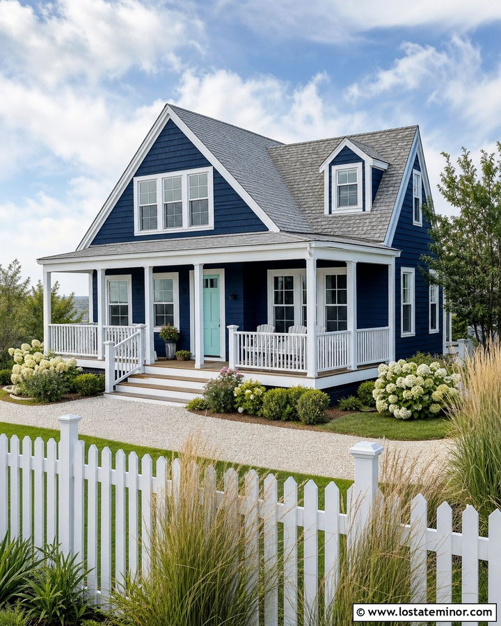 Midnight Blue House With Coastal White Fence - 30 Midnight Blue House Design With Fence Ideas