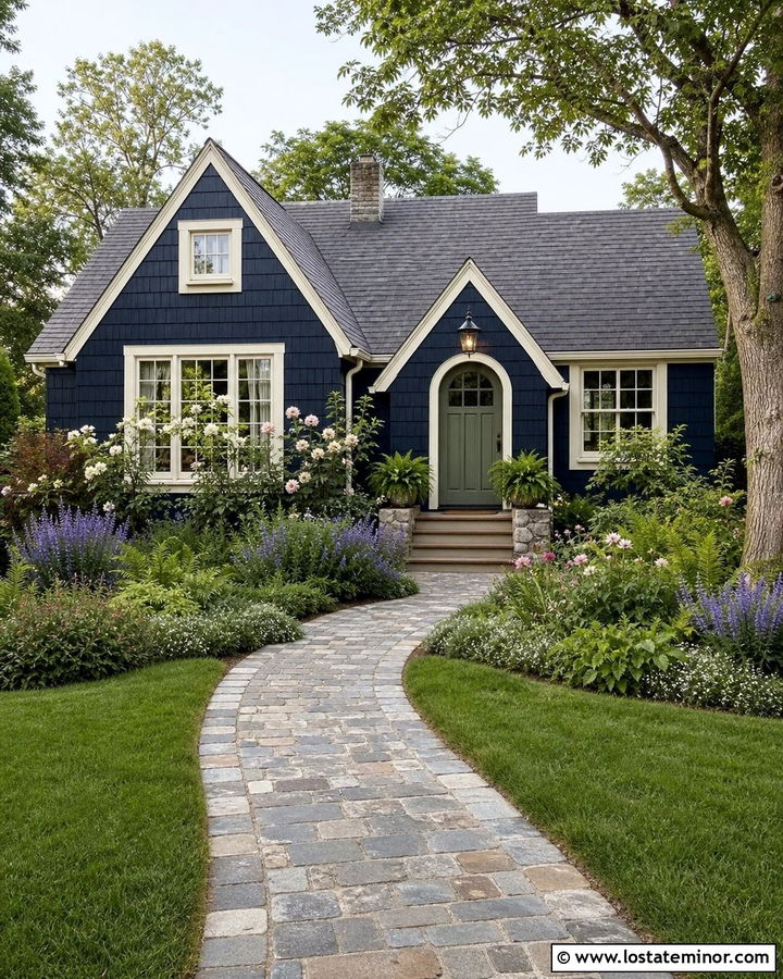 Midnight Blue House With Cobblestone Walkway - 30 Midnight Blue House Design With Walkway Ideas