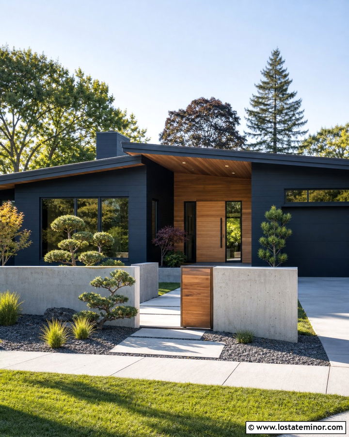 Midnight Blue House With Concrete And Wood Fence - 30 Midnight Blue House Design With Fence Ideas