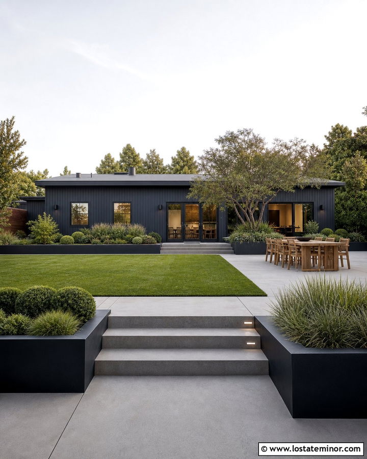 Midnight Blue House With Concrete Patio And Minimal Yard - 30 Midnight Blue House Design With Backyard Ideas
