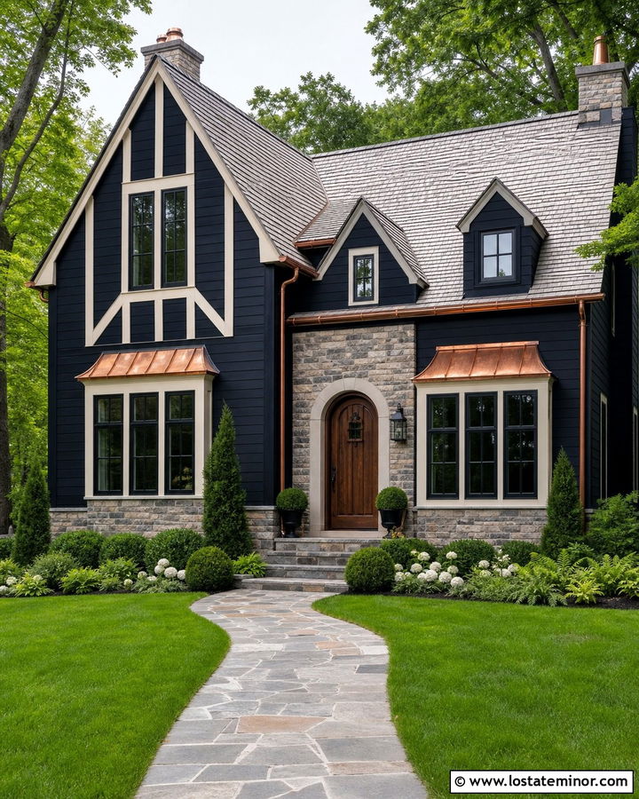 Midnight Blue House With Copper Accents And Green Landscaping - 30 Midnight Blue House Design With Landscaping Ideas