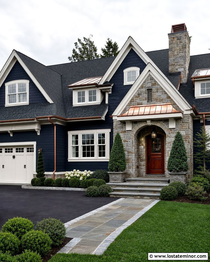 Midnight Blue House With Copper Accents And Stone - 30 Midnight Blue House Design With Stone Accents Ideas
