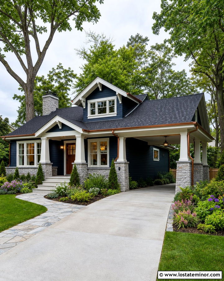 Midnight Blue House With Copper Carport Accents - 30 Midnight Blue House Design With Carport Ideas
