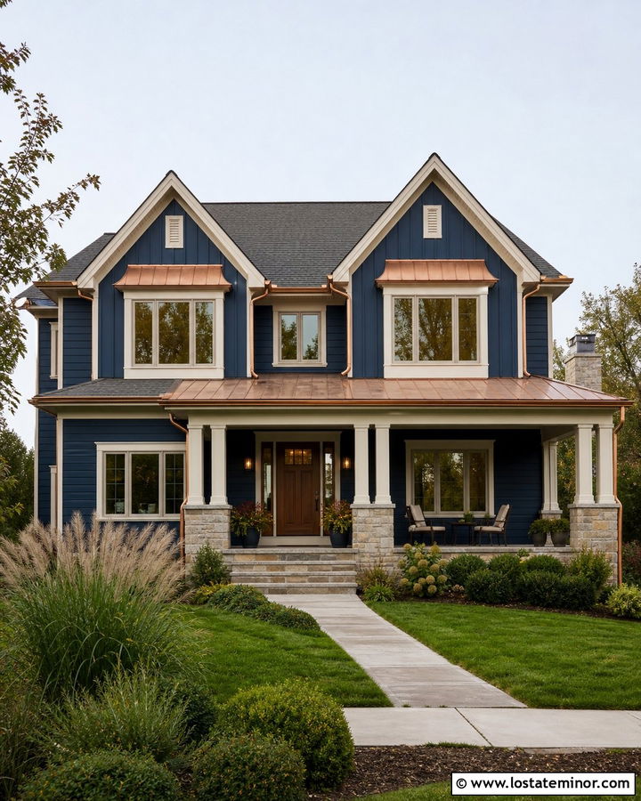Midnight Blue House With Copper Gable Details - 30 Midnight Blue House Design With Gables Ideas