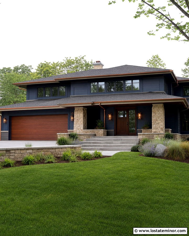Midnight Blue House With Copper Garage Door - 30 Midnight Blue House Design With Garage Door Ideas