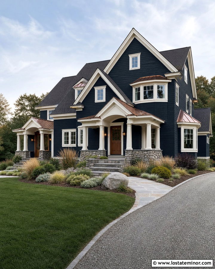 Midnight Blue House With Copper Metal Roof - 30 Midnight Blue House Design With Roof Ideas