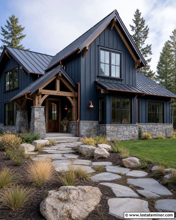 Midnight Blue House With Copper Outdoor Lights - 30 Midnight Blue House Design With Light Fixtures Ideas