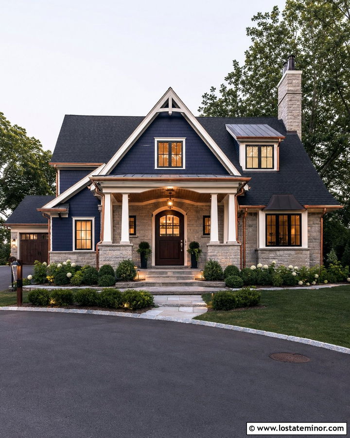 Midnight Blue House With Copper Porch Ceiling - 30 Midnight Blue House Design With Porch Ceiling Ideas