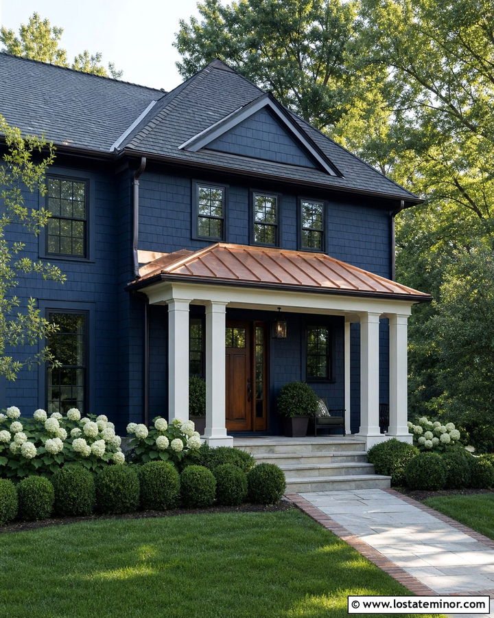 Midnight Blue House With Copper Porch Roof - 30 Midnight Blue House Design With Front Porch Ideas