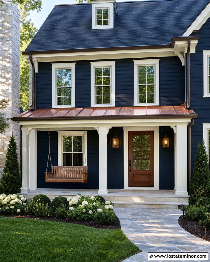 Midnight Blue House With Copper Roof And Cedar Swing - 30 Midnight Blue House Design With Swing Ideas