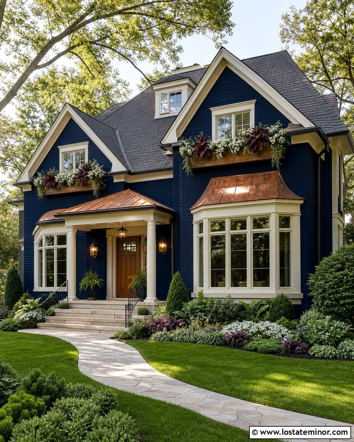 Midnight Blue House With Copper Roof And Window Boxes - 30 Midnight Blue House Design With Window Boxes Ideas