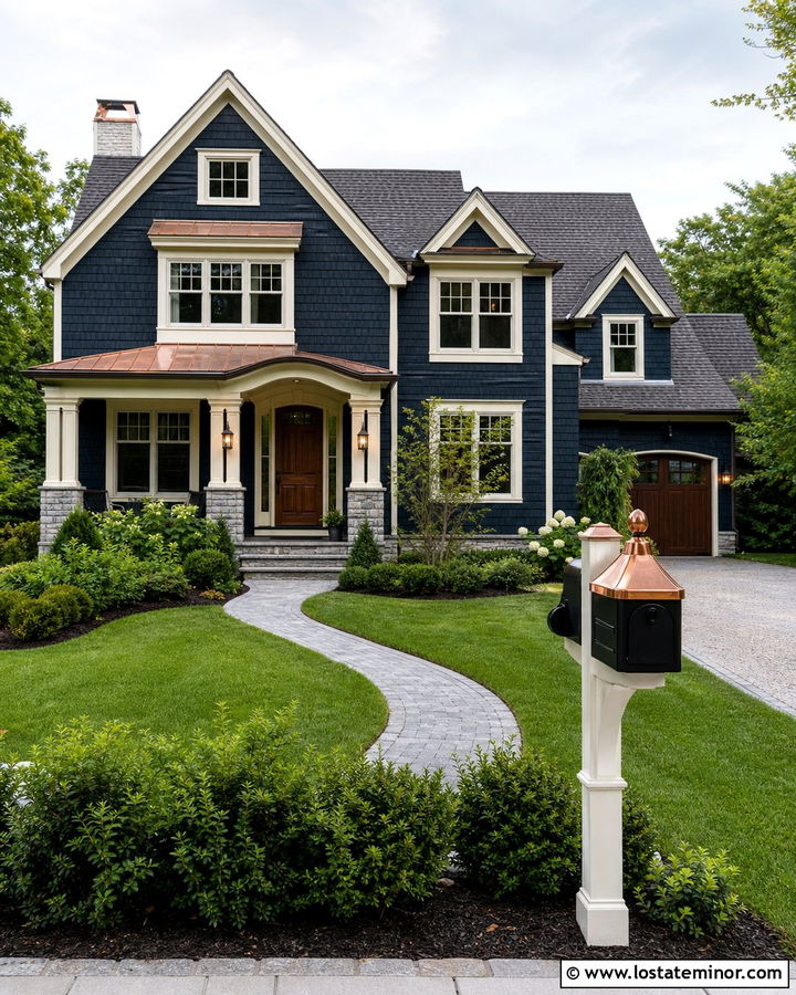 Midnight Blue House With Copper Roof Mailbox - 30 Midnight Blue House Design With Mailbox Ideas