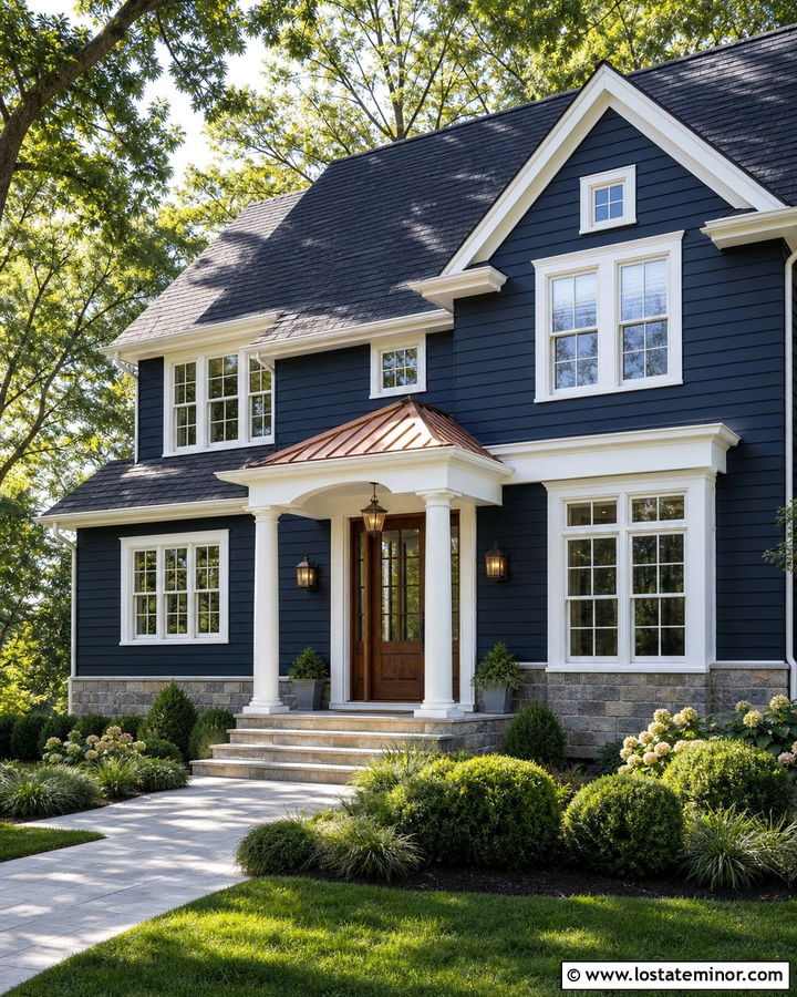 Midnight Blue House With Copper Roof Portico - 30 Midnight Blue House Design With Portico Ideas