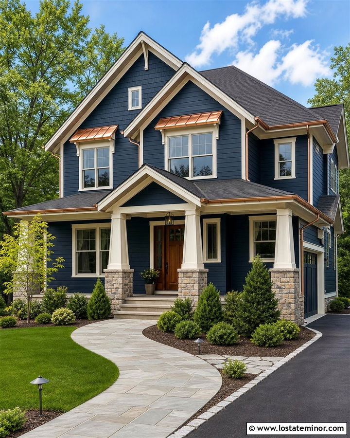 Midnight Blue House With Copper Window Awning - 30 Midnight Blue House Design With Awning Ideas