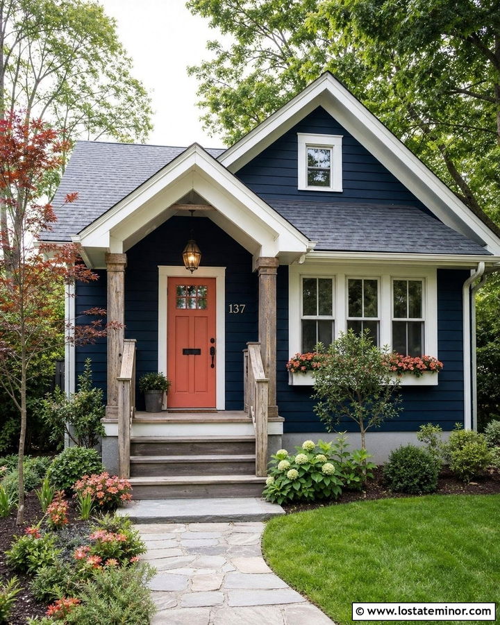 Midnight Blue House With Coral Front Door - 30 Midnight Blue House Design With Front Door Ideas