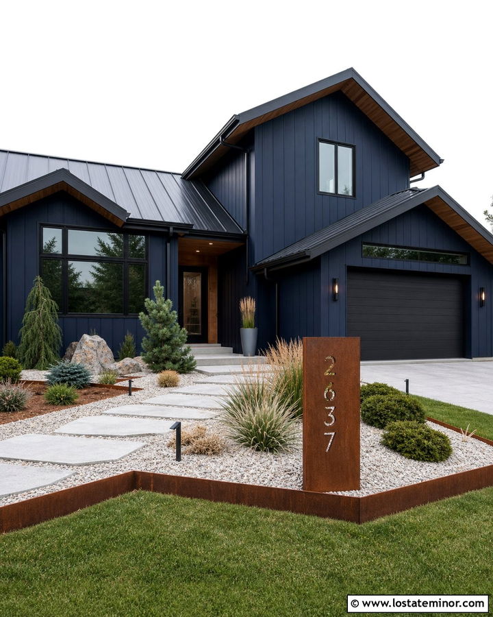 Midnight Blue House With Corten Steel Numbers - 30 Midnight Blue House Design With House Numbers Ideas