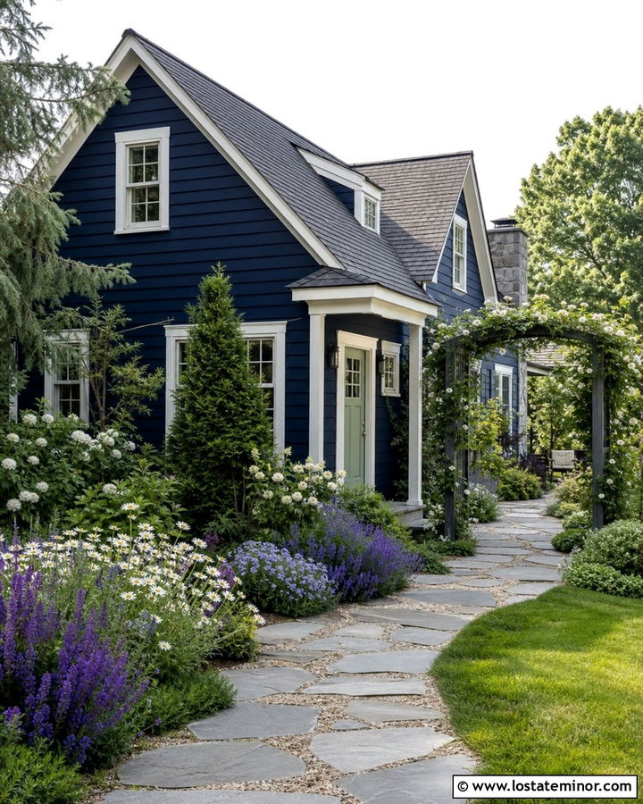 Midnight Blue House With Cottage Garden Walkway - 30 Midnight Blue House Design With Walkway Ideas