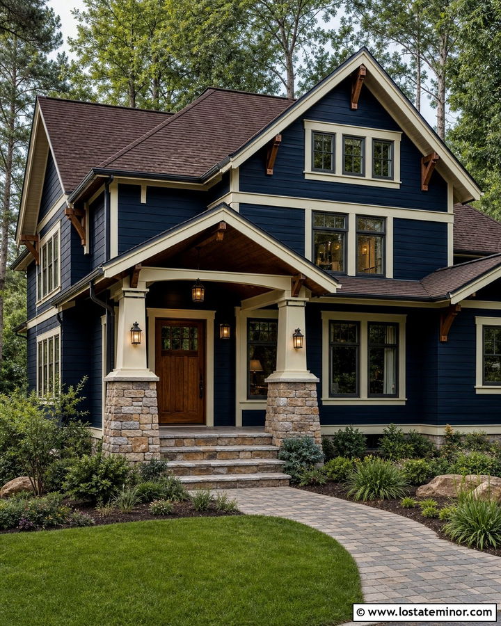 Midnight Blue House With Craftsman Pendant Lights - 30 Midnight Blue House Design With Light Fixtures Ideas