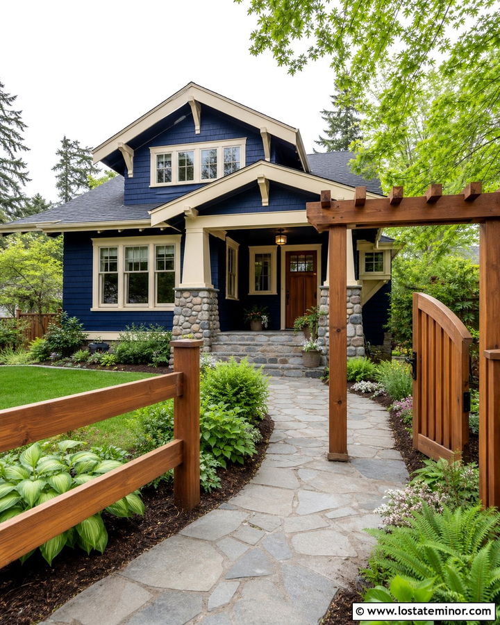 Midnight Blue House With Craftsman Wood Fence - 30 Midnight Blue House Design With Fence Ideas