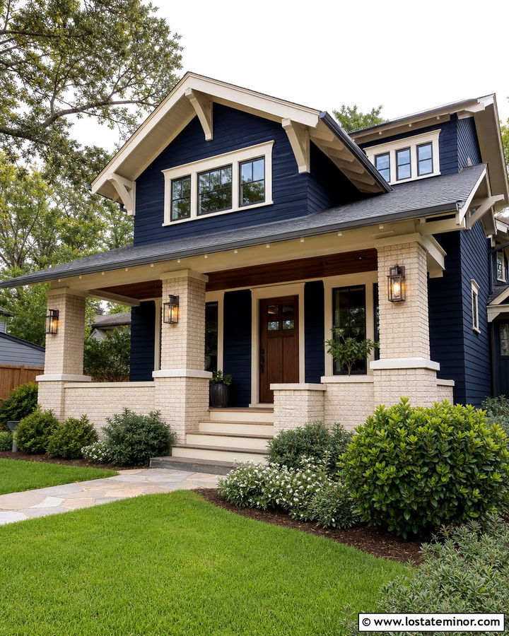 Midnight Blue House With Cream Brick - 30 Midnight Blue House Design With Brick Accents Ideas