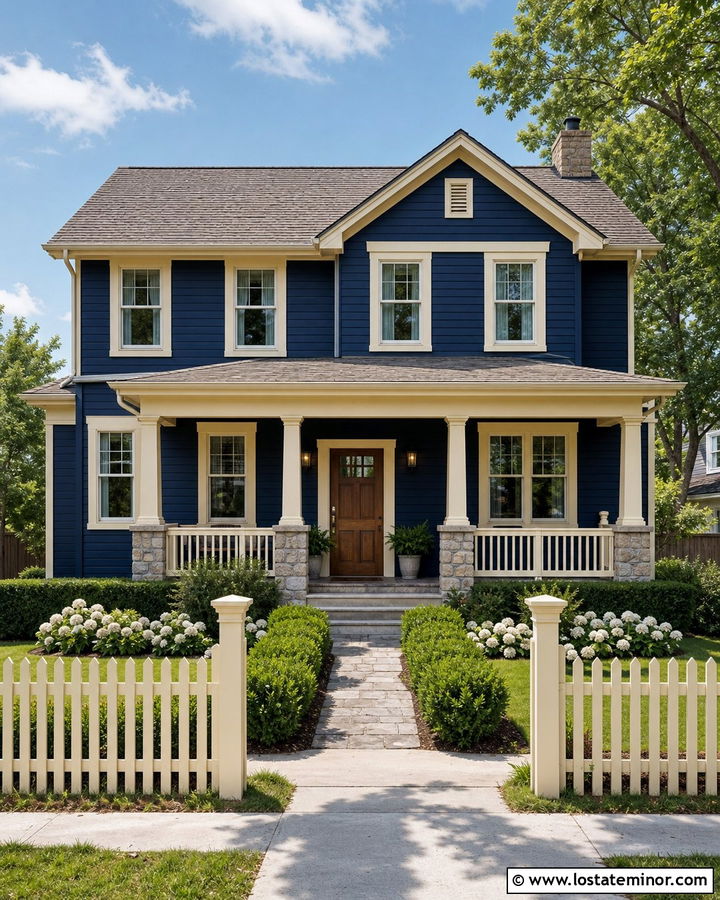 Midnight Blue House With Cream Fence - 30 Midnight Blue House Design With Fence Ideas