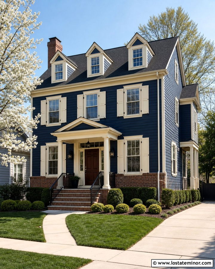 Midnight Blue House With Cream Shutters And Red Brick - 30 Midnight Blue House Design With Shutters Ideas
