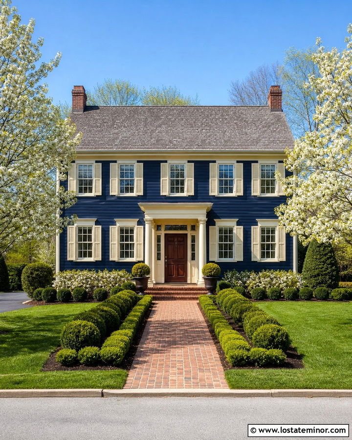 Midnight Blue House With Cream Shutters And Trim - 30 Midnight Blue House Design With Trim Ideas