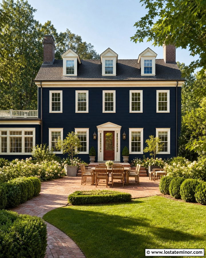 Midnight Blue House With Cream Trim And Brick Terrace - 30 Midnight Blue House Design With Backyard Ideas