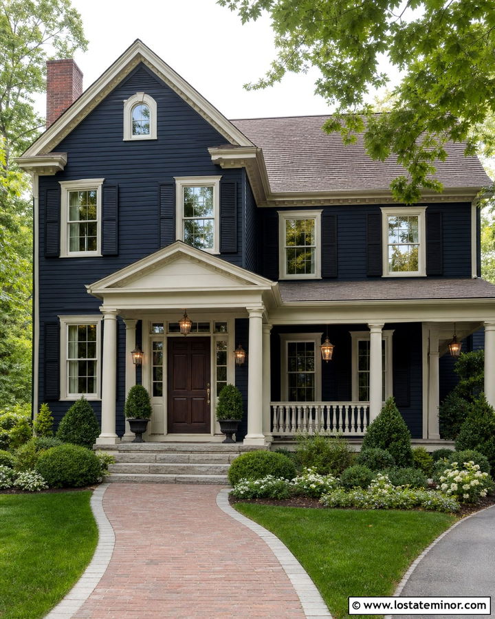 Midnight Blue House With Cream Trim And Copper Lights - 30 Midnight Blue House Design With Lighting Ideas