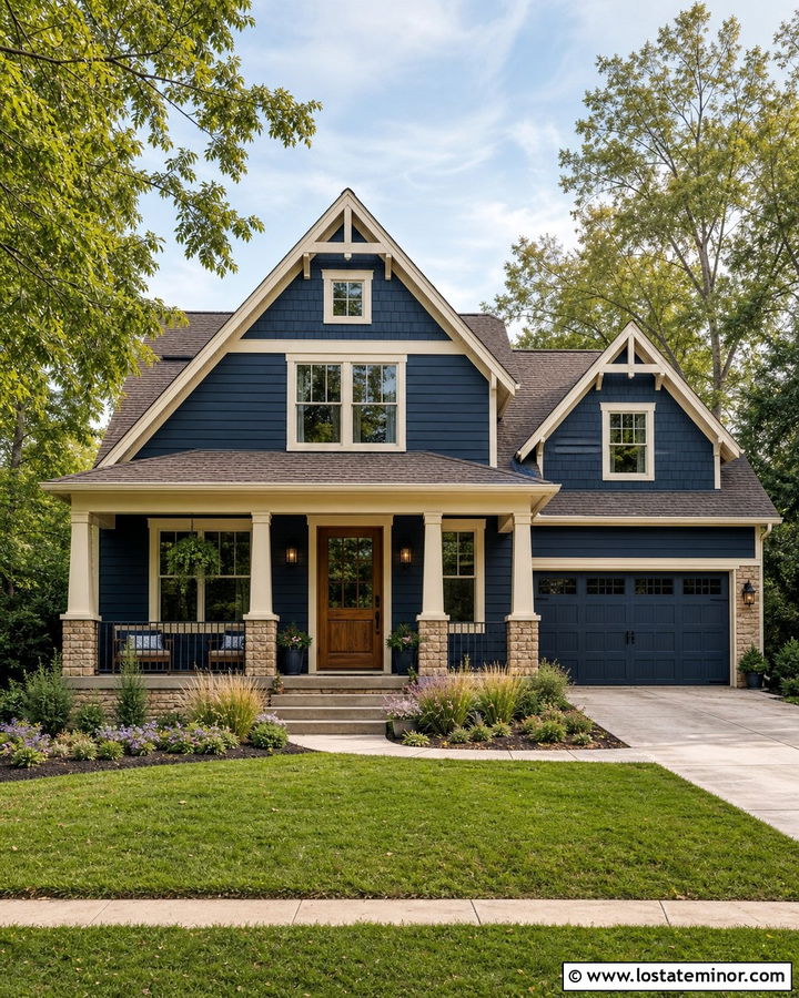 Midnight Blue House With Cream Trim And Gables - 30 Midnight Blue House Design With Gables Ideas