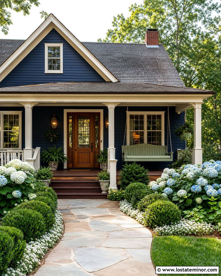 Midnight Blue House With Cream Trim And Green Swing - 30 Midnight Blue House Design With Swing Ideas