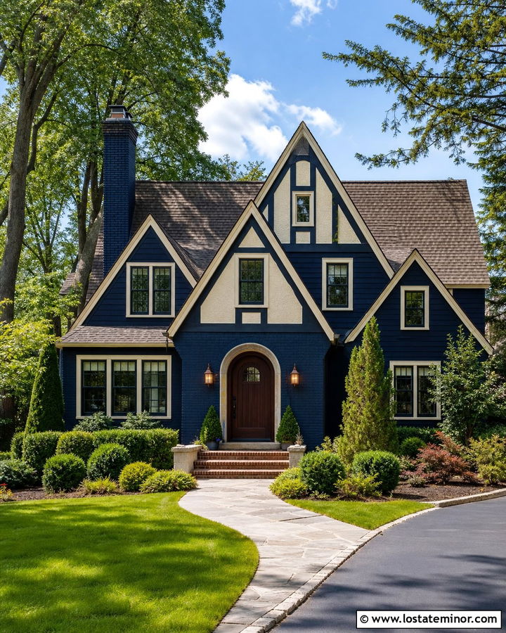 Midnight Blue House With Cream Trim And Mahogany Door - 30 Midnight Blue House Design With Accents Ideas