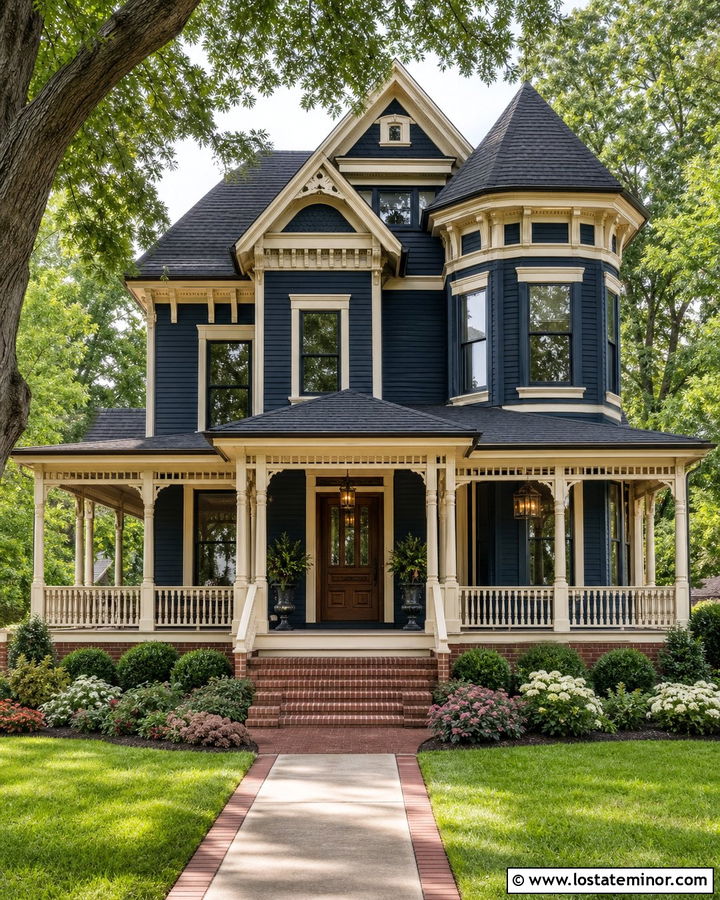Midnight Blue House With Cream Trim and Antique Lights - 30 Midnight Blue House Design With Light Fixtures Ideas