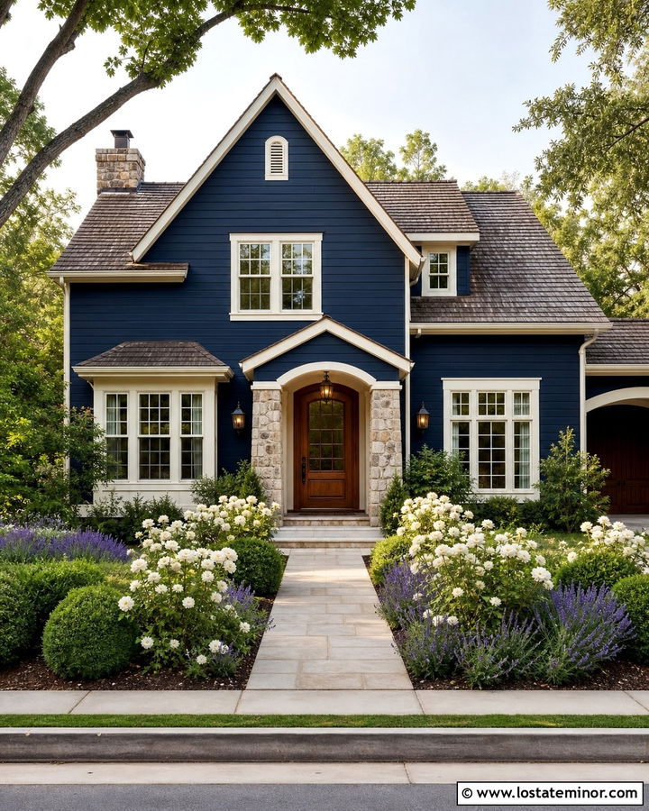 Midnight Blue House With Cream Trim - 30 Midnight Blue House Design With Front Yard Ideas