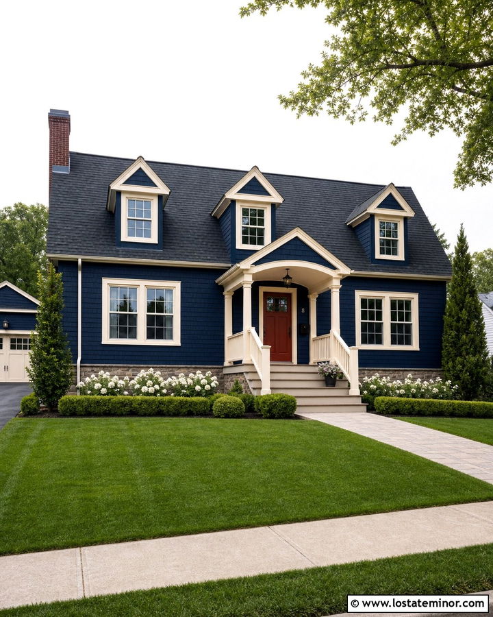 Midnight Blue House With Cream Window Frames - 30 Midnight Blue House Design With Window Frames Ideas