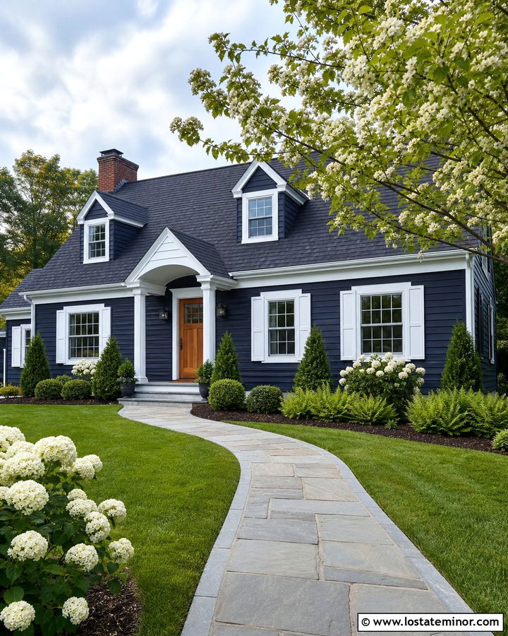 Midnight Blue House With Curved Flagstone Walkway - 30 Midnight Blue House Design With Walkway Ideas