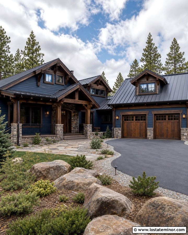 Midnight Blue House With Dark Wood Trim - 30 Midnight Blue House Design With Trim Ideas