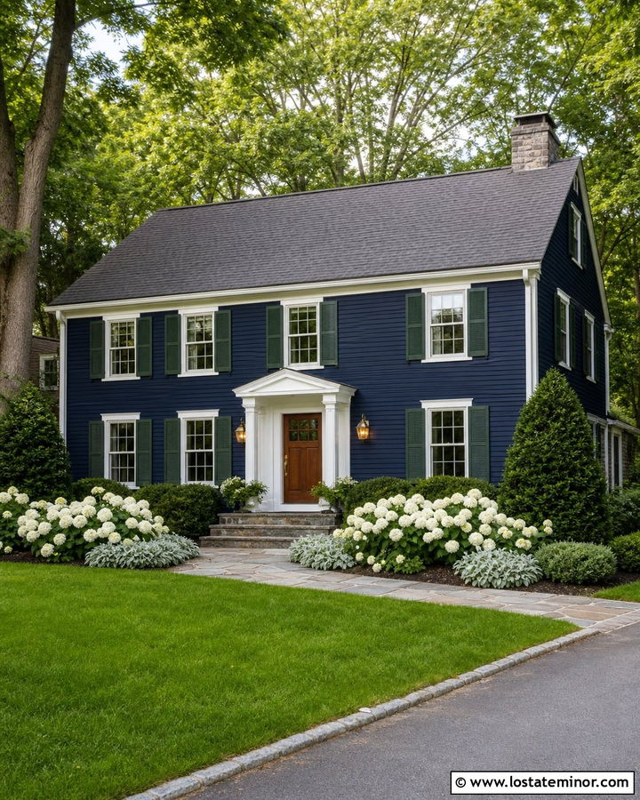 Midnight Blue House With Deep Green Shutters - 30 Midnight Blue House Design With Shutters Ideas