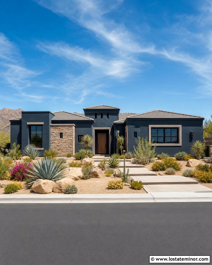 Midnight Blue House With Desert Front Yard - 30 Midnight Blue House Design With Front Yard Ideas