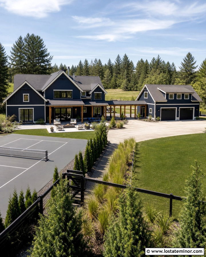 Midnight Blue House With Detached Garage And Sport Court - 30 Midnight Blue House Design With Backyard Ideas