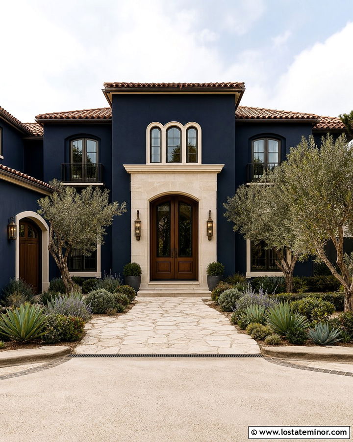Midnight Blue House With Double Front Door Sconces - 30 Midnight Blue House Design With Light Fixtures Ideas