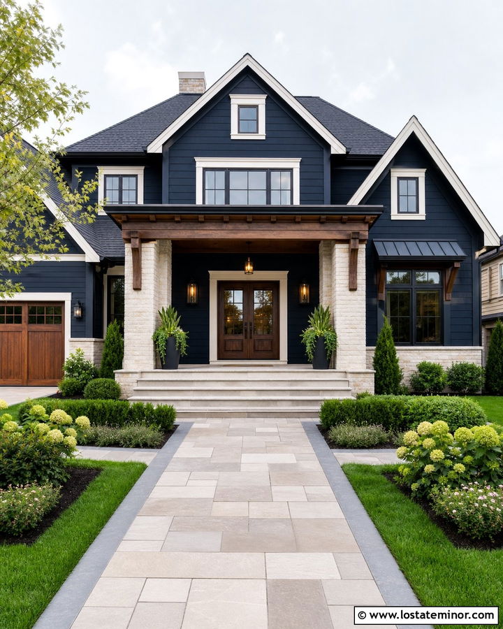 Midnight Blue House With Double Front Doors And Pendants - 30 Midnight Blue House Design With Lighting Ideas