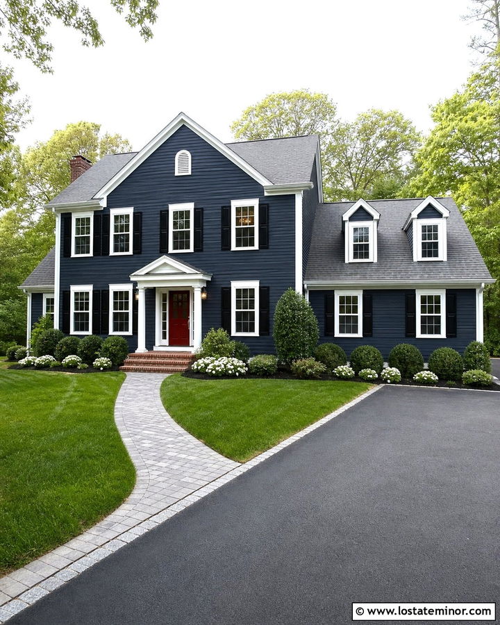 Midnight Blue House With Driveway Connected Walkway - 30 Midnight Blue House Design With Walkway Ideas